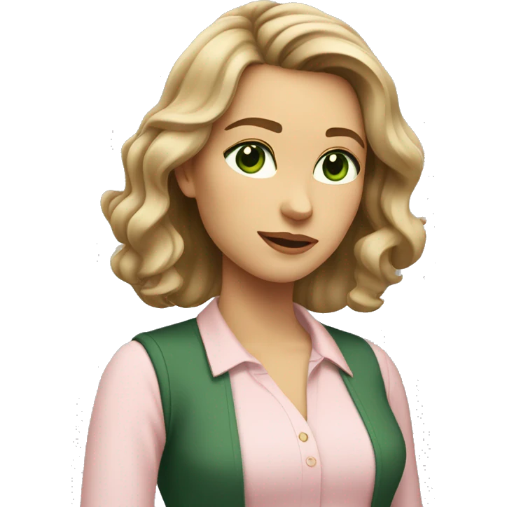 A young women with shoulder length slightly wavy dark blonde hair, dark green eyes wearing a light pink blouse, looking off to the side emoji