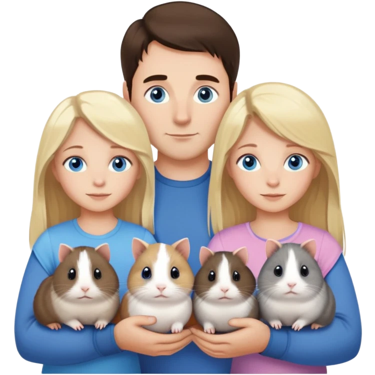 Family portrait with father with dark brown hair and blue eyes, mother with light brown hair and blue eyes, three blonde little girls with blue eyes, plus a grey cat and two guinea pigs emoji