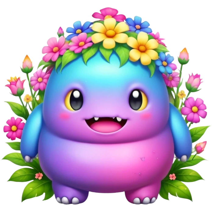 Kawaii derpy fat rainbow monster surrounded by magical flowers, rich textures, visually rich, so lifelike that it feels like it could leap off the page at any moment emoji