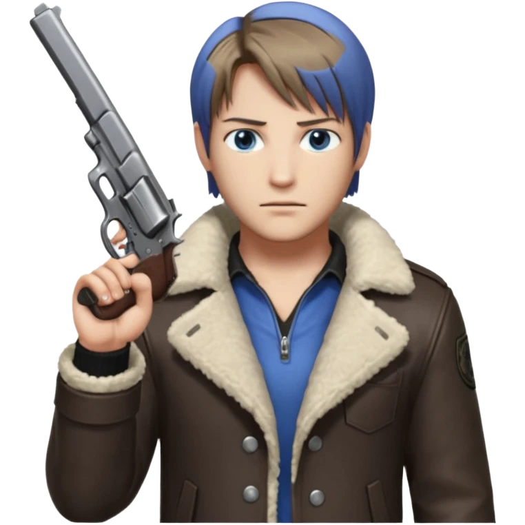 Leon Kennedy from resident evil 4 remake in sheepskin coat and black t-shirt blue eyes emoji