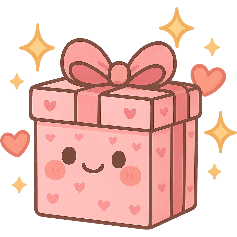 cute gift box with sparkling stars and hearts, smiling wrapping paper, remove background emoji