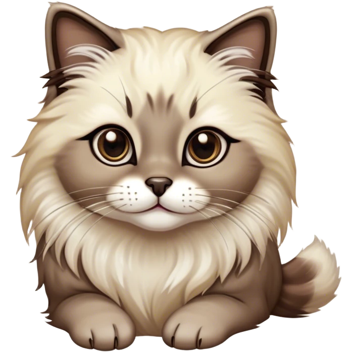 Cinematic Adorable Fluffy Brown Seal Ragdoll Cat Portrait Emoji, Head tilted elegantly with big, sparkling eyes, soft brown fur with darker seal points on the ears, face, and paws, Simplified yet regal features, highly detailed, glowing with a soft, warm glow, high shine, affectionate and playful, stylized with a touch of grace, bright and endearing, soft glowing outline, capturing the essence of a majestic and loving kitty, so elegant it feels like it could spring into motion with a regal leap! emoji
