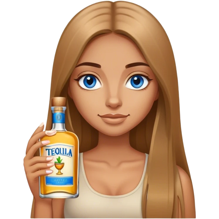tan girl, long light brown straight hair, blue eyes, holding tequila emoji