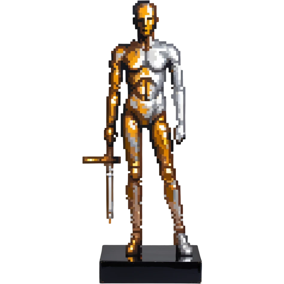 A paintbrush transforming into a silver metallic human silhouette sculpture with bronze accents, symbol of artistic identity emoji