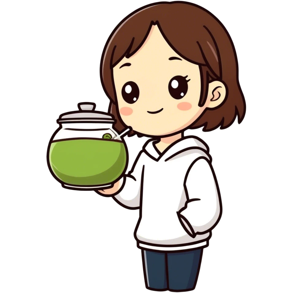 brunette girl holding a matcha emoji