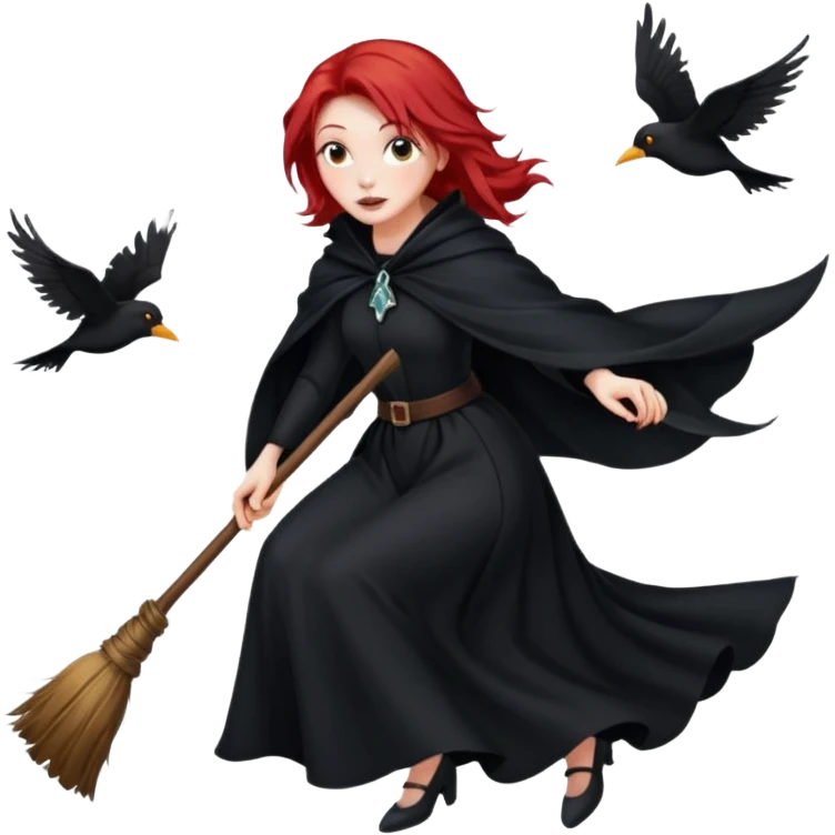 witch with red hair flying , on the background - full moon and black birds, должна лететь на метле emoji
