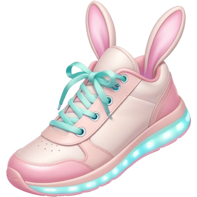 Cute Kawaii Shoe, small and bouncy, soft pastel sneakers with glowing highlights, cute sparkling eyes, a happy cheerful expression, laces tied like bunny ears! emoji