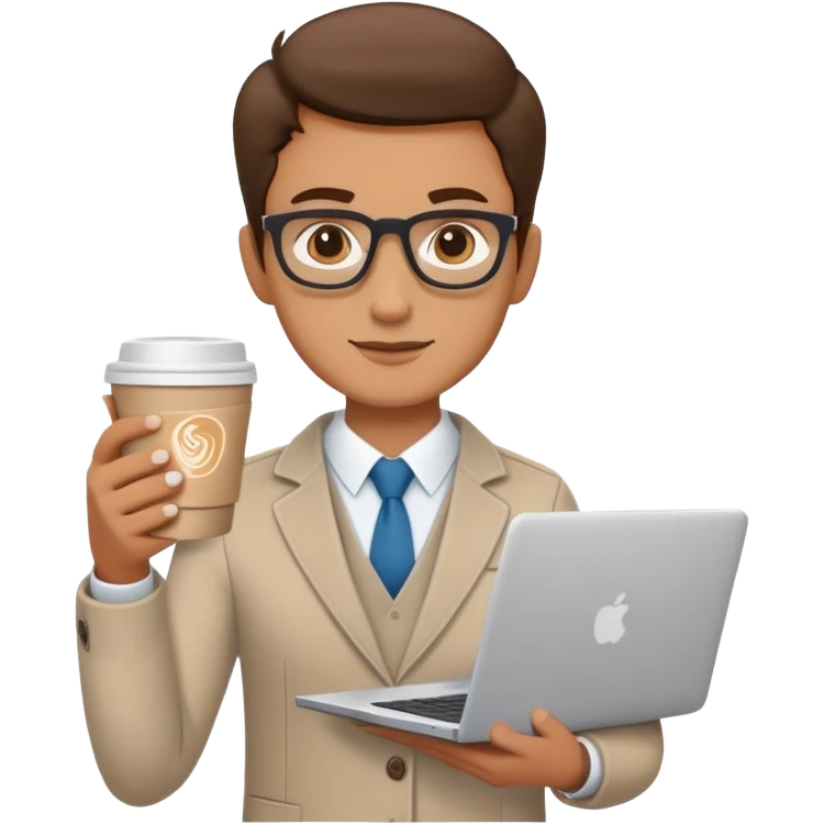 business owner confidently, holding a closed laptop in one hand and a takeaway coffee cup in the other. The character wears casual-smart clothes. emoji