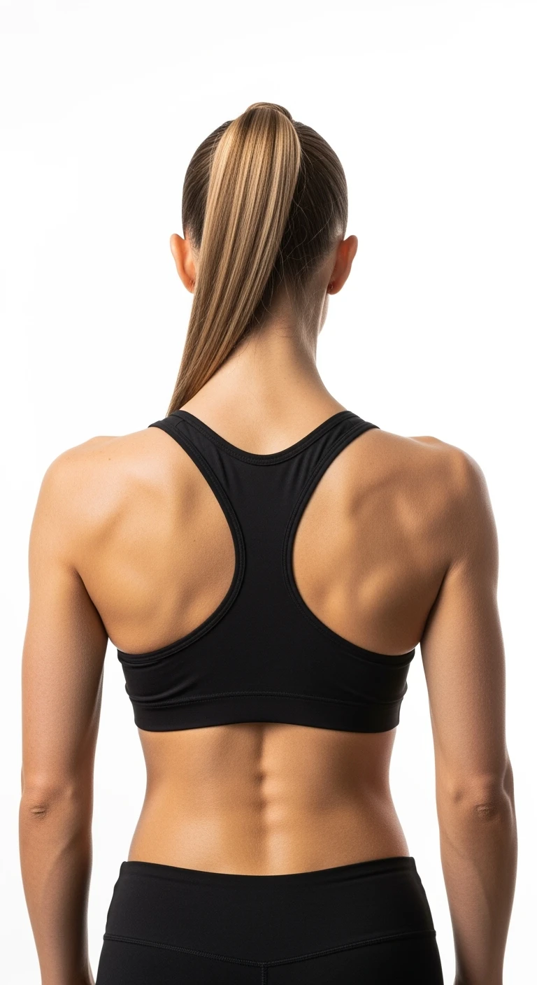 donna fitness di spalle con spina dorsale in evidenza, sfondo bianco emoji