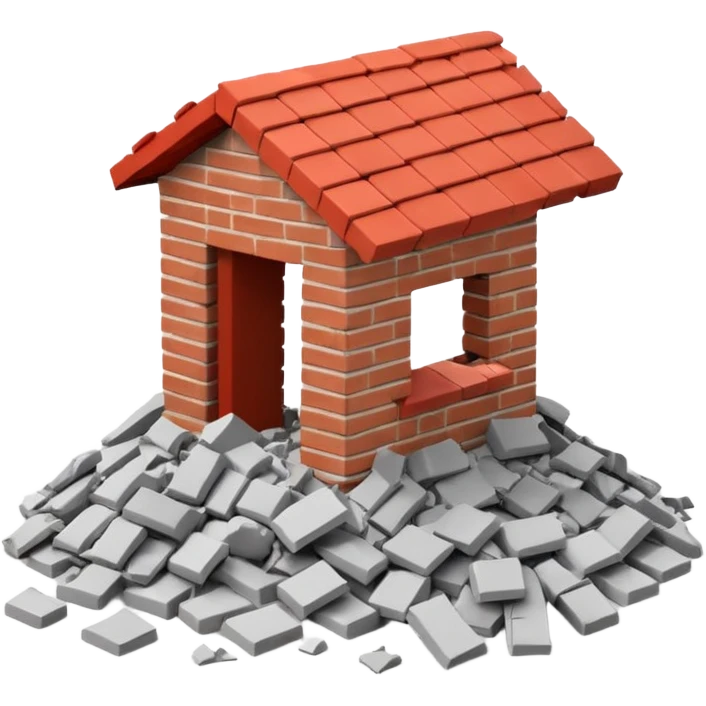 3D iPhone style emoji of a pile of bricks, roof pieces, and wall rubble, scattered and broken, isolated on white background, soft shadows, high detail, playful and cute emoji