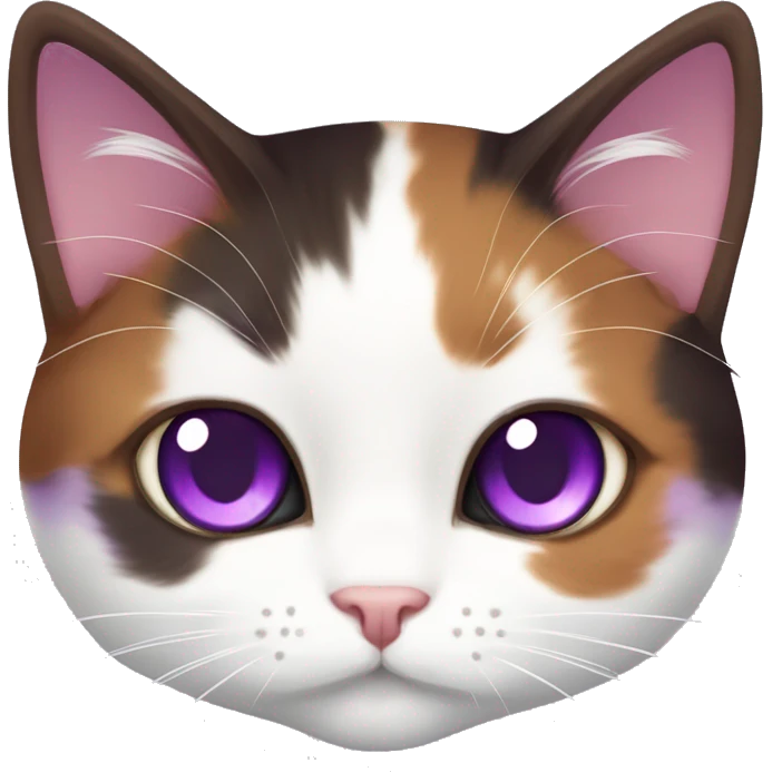 Calico cat with purple eyes and white pupils, dark brown, red, and white color, Munchkin fluffy cat, purple eyes emoji