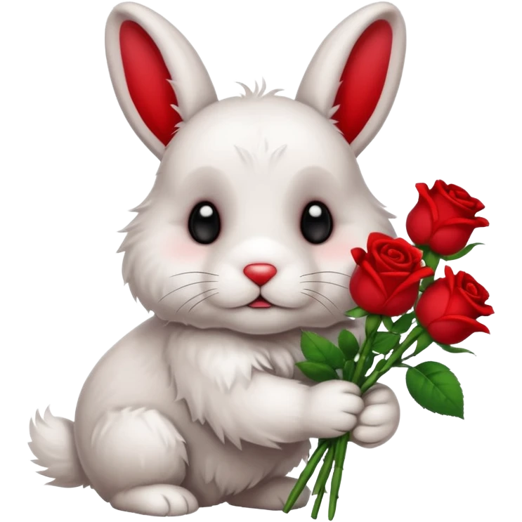 Cute rabbit with sad puppy dog eyes holding roses  emoji