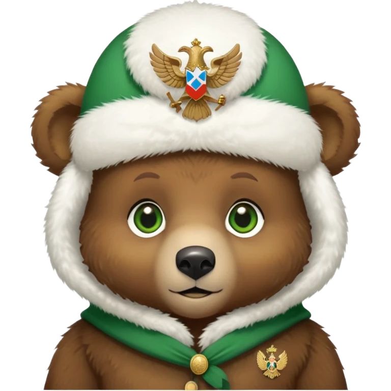 Just the head of a cute small brown bear cub with green eyes, wearing only a white fluffy ushanka hat with detailed Russian Federation double-headed eagle emblem, no other clothing, iOS emoji style emoji