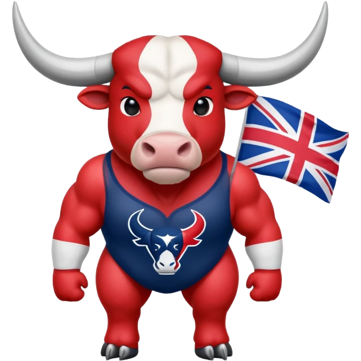 Houston texans bull, wearing a texans jersey, with a union jack flag behing emoji