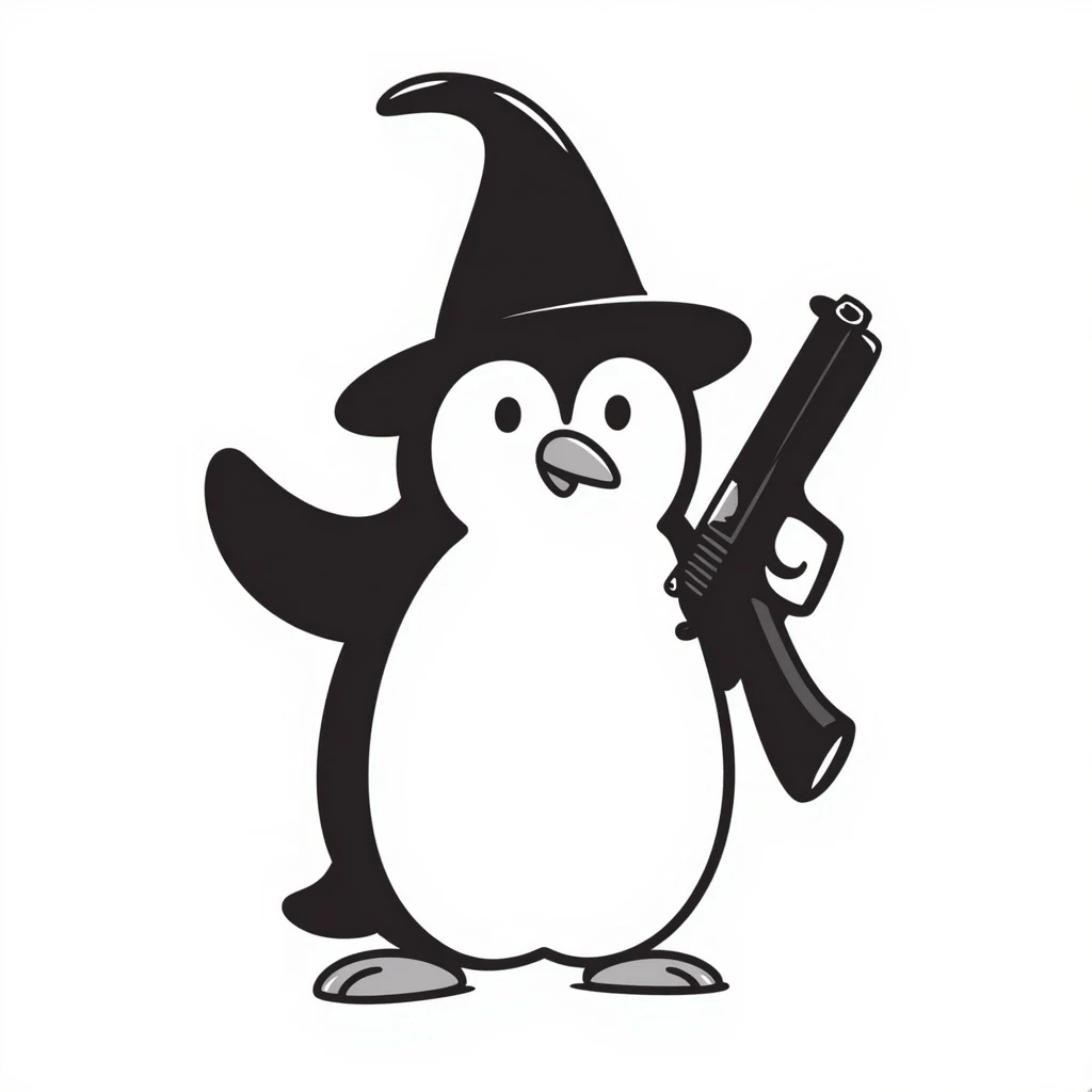 A penguin wizard holding a glock, black doodle style emoji