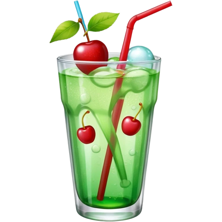 Create an emoji with a clear rounded glass, bright transparent green soda with fine bubbles, a smooth vanilla scoop, a glossy red cherry, and a red straw, using vibrant colors, soft shading, and clear glass highlights.
 emoji