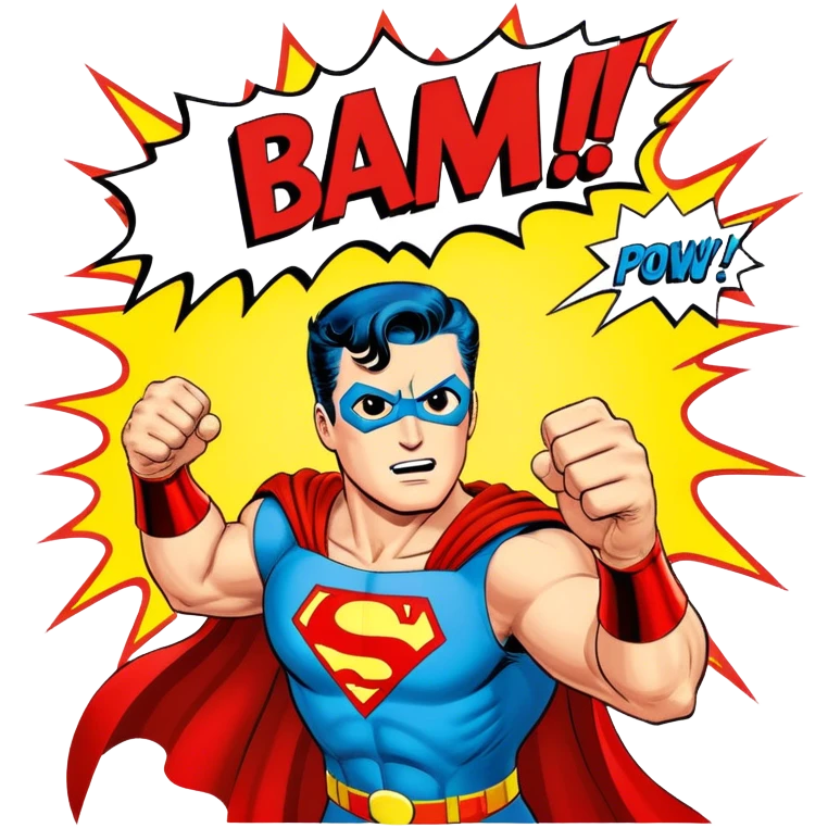 Icon for Vintage American Comics: an open comic book with retro illustrations of classic superheroes, with bold action text like "BAM!" and "POW!" and vibrant colors. The icon should evoke the golden age of American comics. Transparent background. emoji