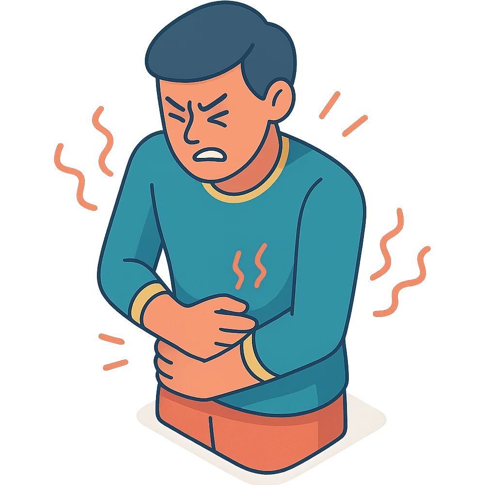 A half-body figure holding their stomach, writhing in pain with waves of pain around them, in 2d-isometric style with shadows and highlights. Focus on torso, stomach, arms, and expression of pain. Variant similar to the second in the previous series but with arms crossed over the stomach. Transparent background. emoji