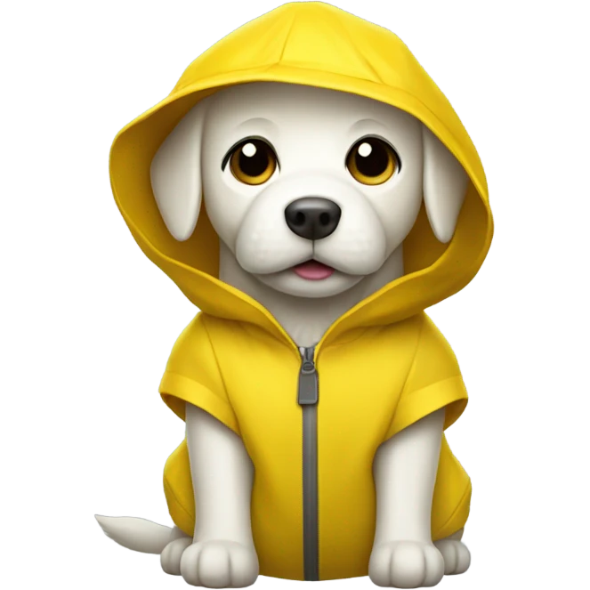 White dog with yellow rain hat and jacket emoji