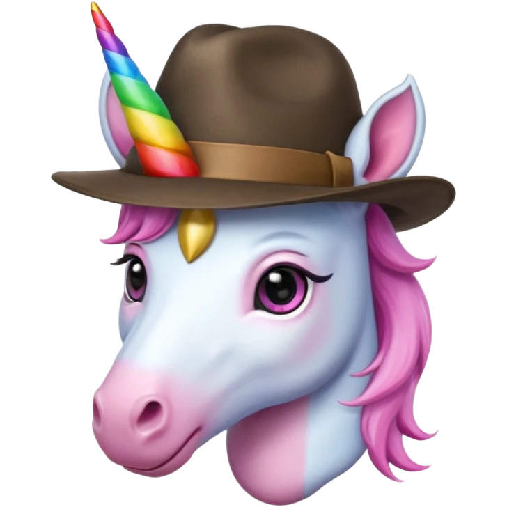 unicorn face cute wearing fedora, horn piercing through the hat emoji