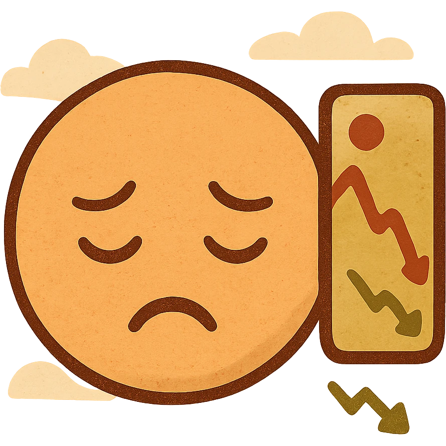 sad trader emoji with a falling stock chart, flat modern style, bright saturated colors with greens, golds, reds, minimal but expressive, universal look emoji