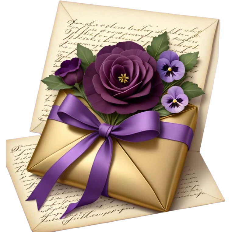 Beneath the soft light of a silver crescent moon, a bundle of handwritten letters lies wrapped in a velvety plum ribbon, adorned with a delicate sprig of lavender and a scattering of bruised violet pansies. A faded mauve rose and a deep purple peony, their petals gently curling at the edges, rest beside an ornate heart-shaped trinket, whispering tales of love lost and found. Golden stars twinkle faintly, reflecting off the wax-sealed envelopes, as if they, too, are enchanted by the lingering emotions woven into each word. emoji