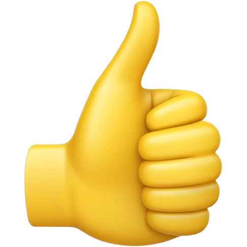 Apple-style 3D illustration of a single yellow emoji hand giving a thumbs up gesture, glossy and rounded, centered on a clean white background, soft shadow underneath, isolated and minimal design emoji