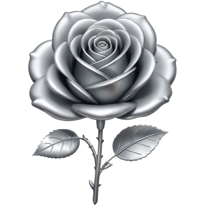 A rose emoji made of liquid silver metal, smooth metallic petals, reflective chrome surface, soft gradients, elegant shape, minimalistic iOS emoji style, centered, clean white background, realistic highlights, no text emoji