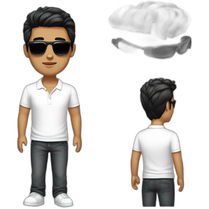 A young man,  who looks like bisnessman, wears white polo t-shirt and luxury watches. Black hair, white skin. Wears raybans. create few exemples  emoji