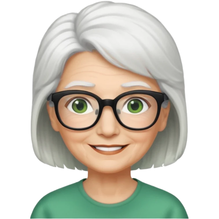 White hair grandma, green eyes, hair to shoulder, lokeg black glasses, rectangles face, smile , emoji