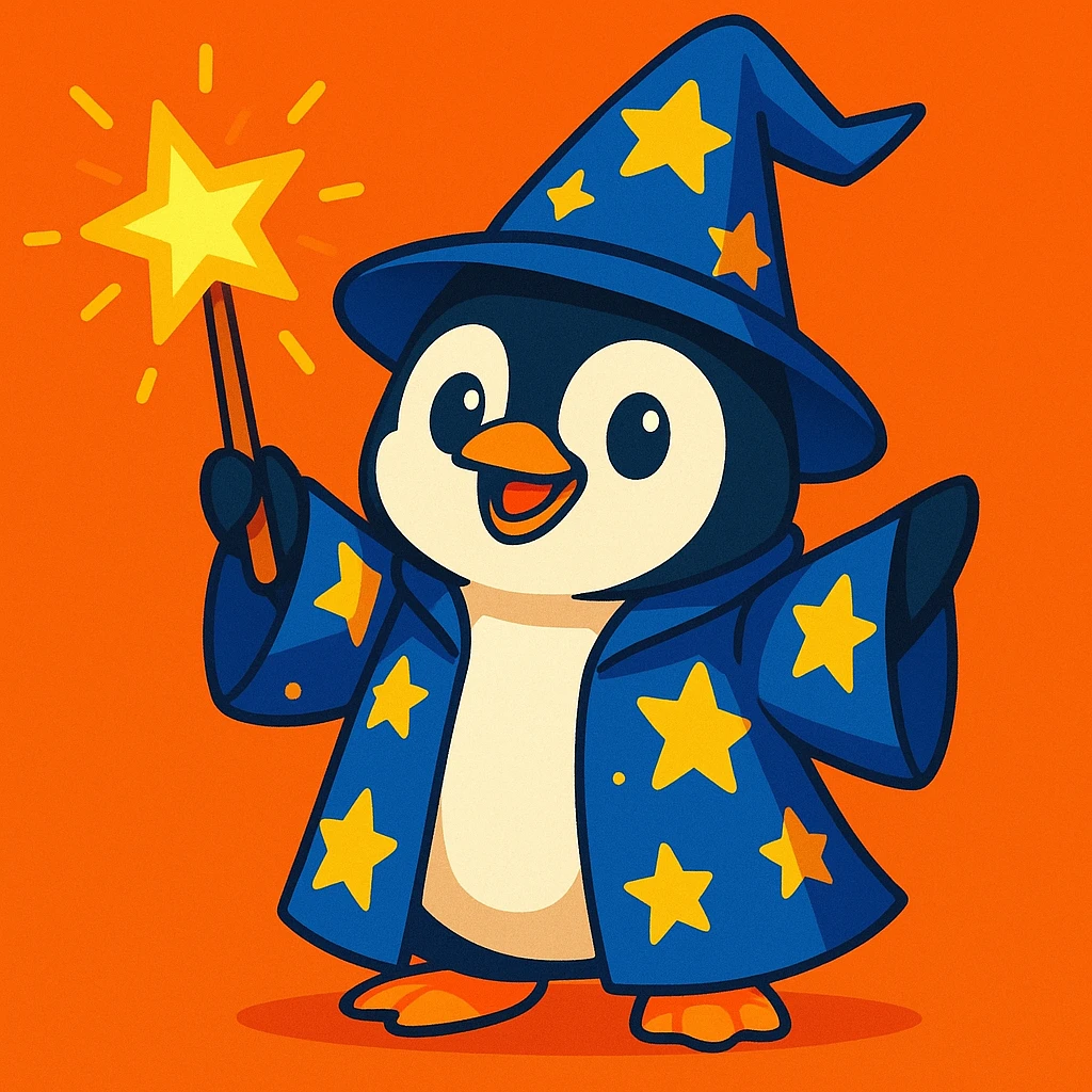 cute penguin wizard holding a glowing wand, wearing a starry robe and hat, vibrant toon style emoji