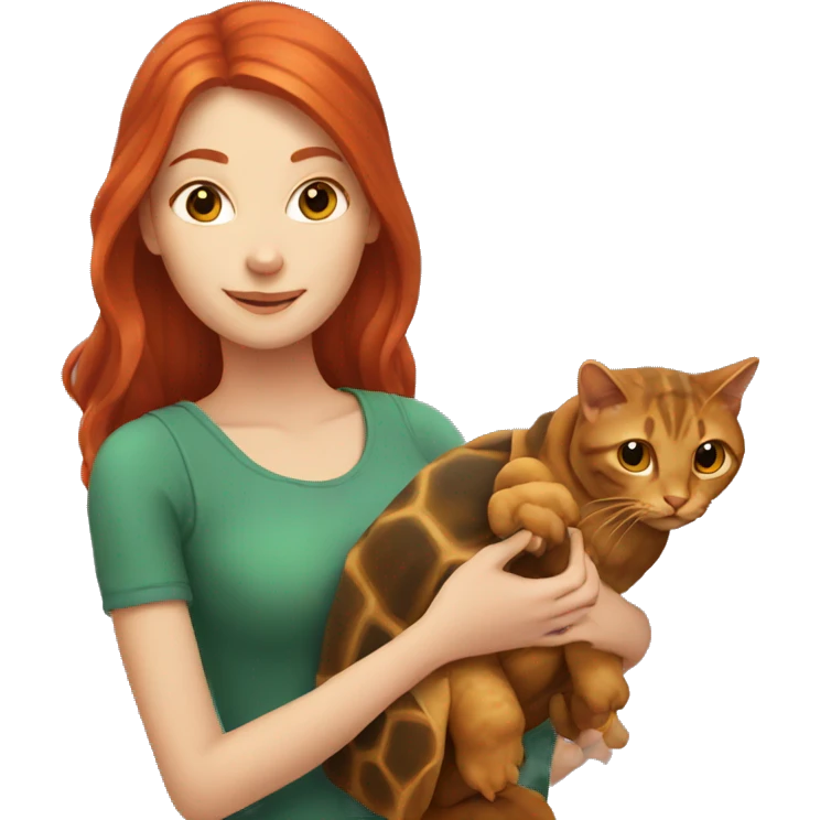 Red headed woman with long hair holding a tortoise cat emoji