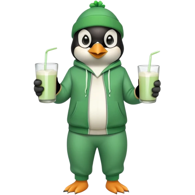 full body friendly anthropomorphised penguin wearing green mafia-style tracksuit, angry intense brooding posture, holding glass of milk, shamrock accessory emoji