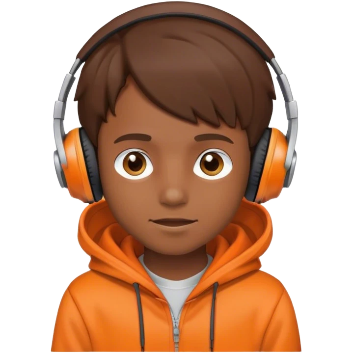 An emoji of a boy with brown hair a orange hoodie and headphones greeting emoji