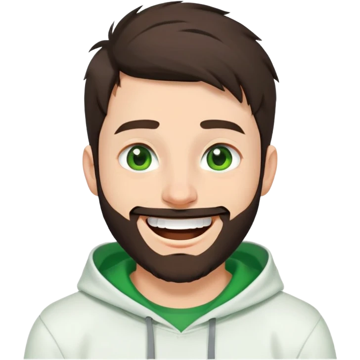 laughing guy with white hoodie, green t-shirt underneath, green eyes, dark brown undercut hairstyle and a short full beard emoji