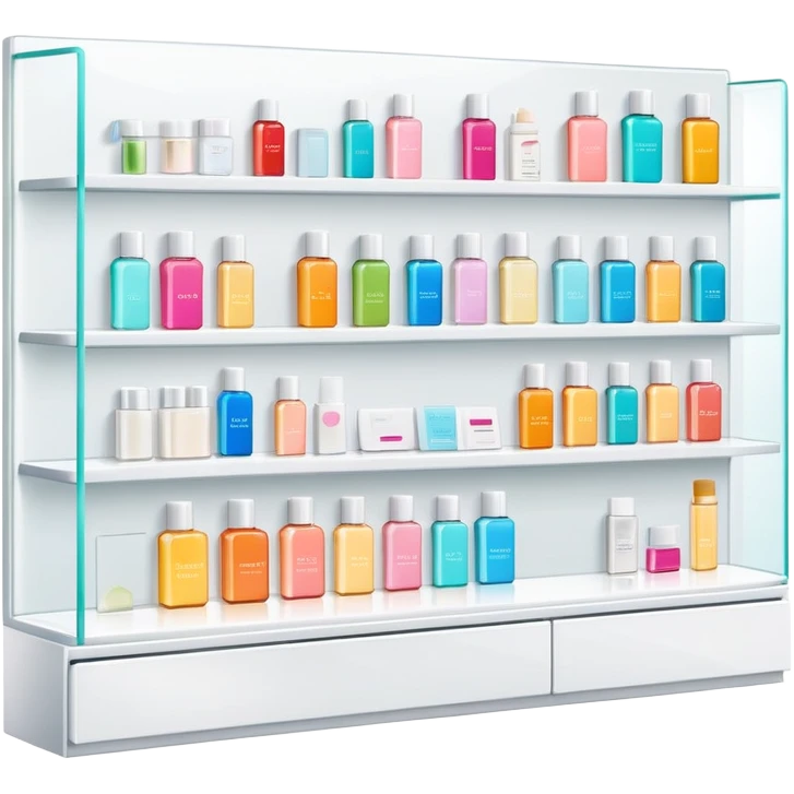 big long white shelf with one serum bottle labeled beauty brand and big sticky note next to it emoji