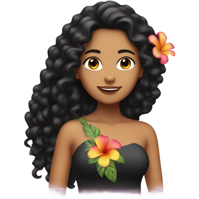 Latina girl with long curly black hair with a Hawaiian flower on the right side of the hair emoji