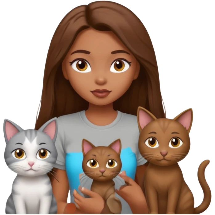 a pretty bratz dusky girl with long brown hair with four cats nd wearing a grey tshirt emoji