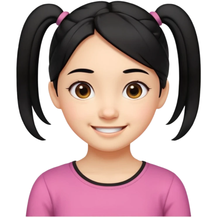 emoji-style portrait of a smiling girl with black hair parted in the middle tied into two low pigtails near the neck, round eyes, cheerful expression, soft cartoon features, head and upper shoulders, clean lines, minimal white background, vibrant and simple emoji