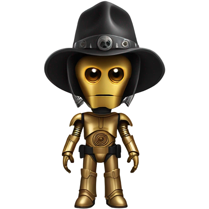 battle rough and tough bounty hunter c3Po wearing Satan’s leather outfit with guns and wide-brim hat on head. walking emoji