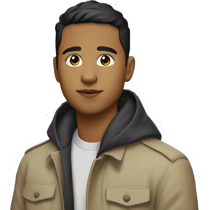 25-year old latino with black eyes and short hair wearing a hoodie with a trench coat emoji