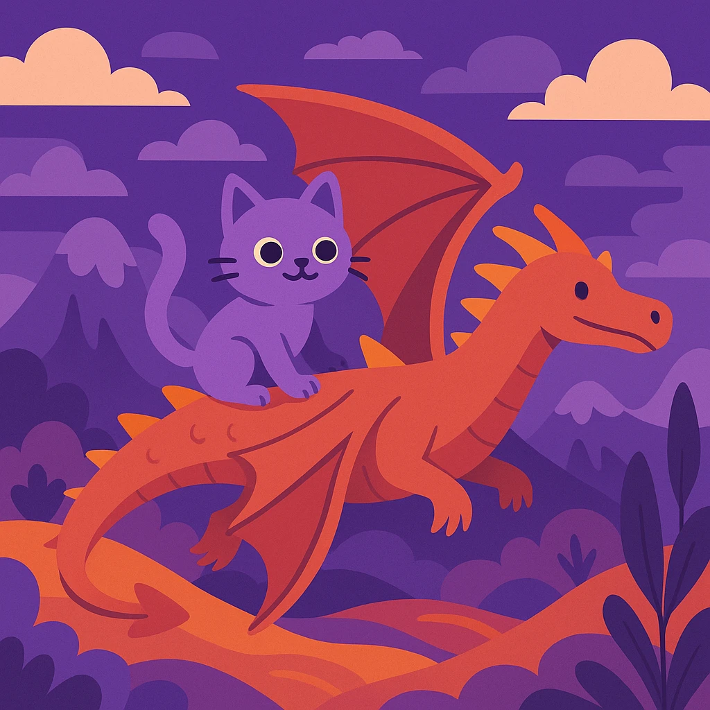 flat toon style purple cat riding a dragon in a fantasy landscape emoji