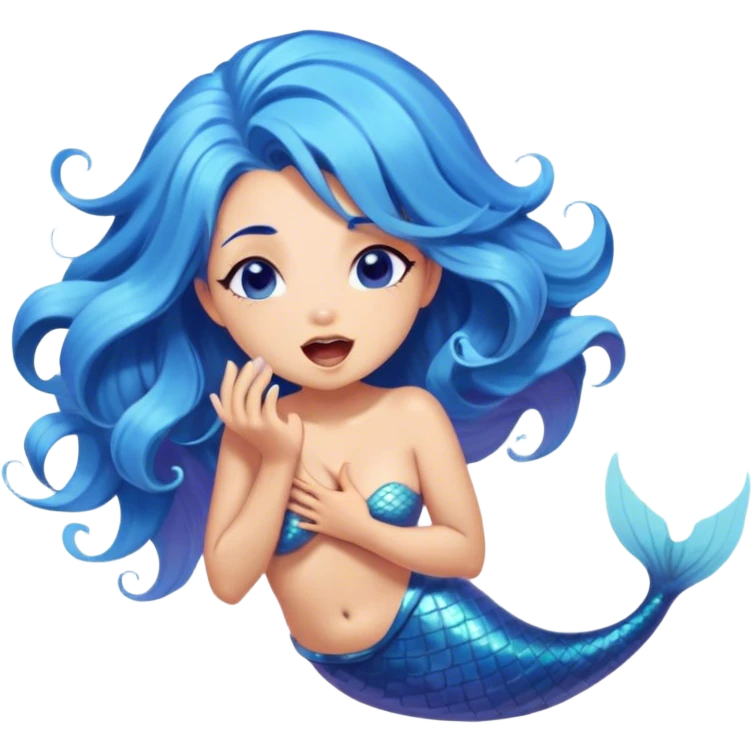 Cinematic Realistic Blue Hair Mermaid Portrait, head tilted slightly with a dramatic, wide-open yawn, revealing a tender, relaxed visage with intricately detailed, tanned skin and vibrant, cascading blue hair softly billowing around her. Her dreamy eyes exude a serene, aquatic charm, rendered with gentle underwater lighting and a soft, high-shine finish that captures the essence of a drowsy yet captivating mermaid drifting into tropical slumber. emoji