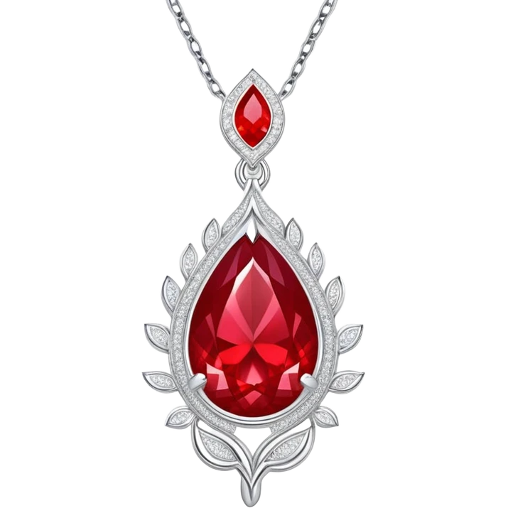teardrop ruby pendant with fiery light, tiny phoenix feather emerging, haloed by shimmering white stones, silver chain like liquid moonlight emoji