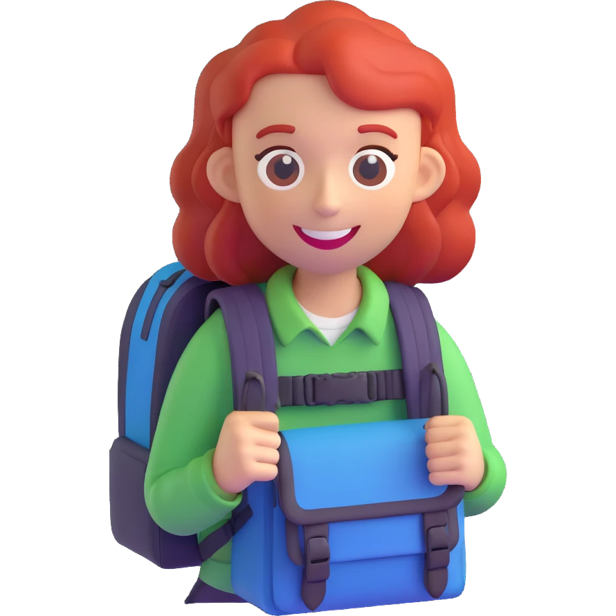 3D emoji of a red-haired character with a sinister smile and a small backpack emoji