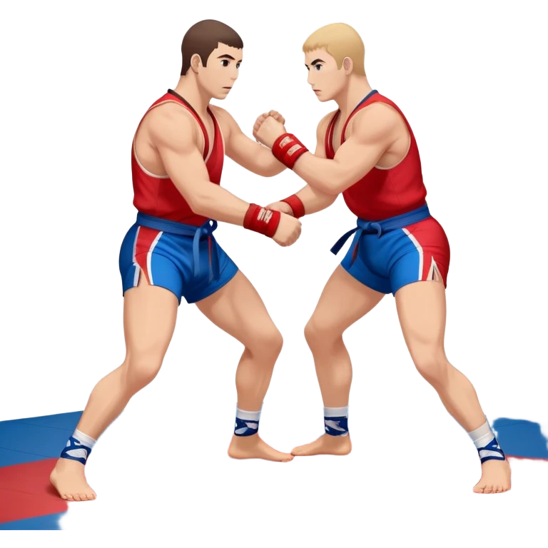 Two Sambo fighters in blue and red kimonos, with shorts and wrestling shoes, performing grappling and throwing techniques. The background shows a wrestling mat and an intense, focused atmosphere. Transparent background highlights the fluidity and skill of the sport without strikes. emoji