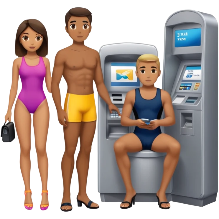 Girl in swimming suit and platform heels , man who’s using an ATM emoji