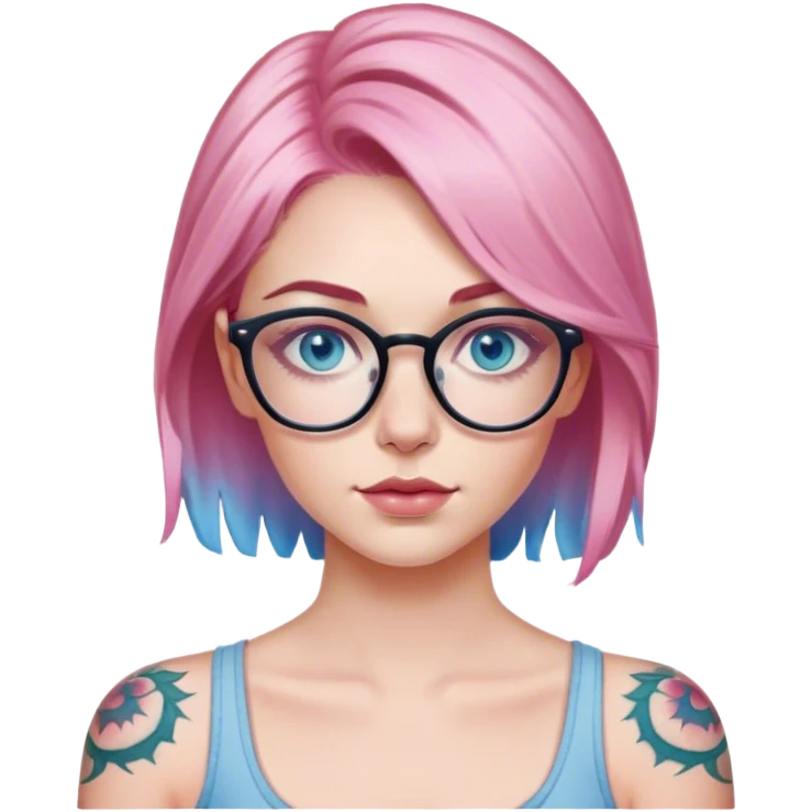 Hyper Realistic edgy model, pale woman, pink balayage hair, blue eyes and glasses, shoulder tattoo  emoji