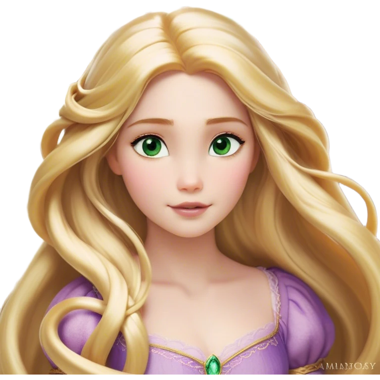 Cinematic Realistic Rapunzel Portrait, with porcelain-like skin featuring a subtle, natural glow, illuminated by soft lighting that brings out the gentle contours of her face. Her long, golden blonde hair cascades in detailed waves, each strand highlighted with a radiant shimmer as it catches the light. Her bright, expressive green eyes exude curiosity and warmth, framed by delicate lashes and soft, arched brows. Her expression is playful and vibrant, with a gentle smile. She is dressed in her classic lavender and pink gown, the fabric textured with delicate folds that flow naturally, catching the light with a soft, radiant glow. The portrait captures a luminous, enchanting aura, seamlessly blending realism with a whimsical, fairytale charm, evoking a timeless sense of beauty and magic. emoji