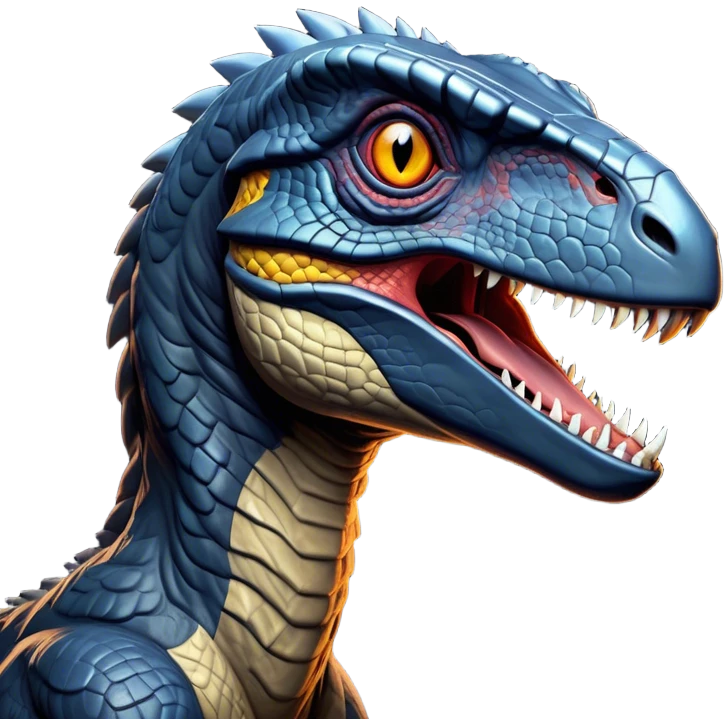 Cinematic Noble Jurassic Velociraptor Portrait Emoji, Poised and menacing, with a sleek, muscular build clad in dark, scaly skin reminiscent of Jurassic Park’s iconic raptor, a sharply curved snout and piercing, intelligent eyes that exude predatory cunning, Simplified yet boldly defined features, highly detailed, glowing with a cool, ominous radiance, high shine, intelligent and relentless, stylized with an air of cinematic prehistoric authority, focused and alert, soft glowing outline, capturing the essence of a watchful and confident Jurassic Velociraptor that appears ready to dash out of the screen with effortless power! emoji
